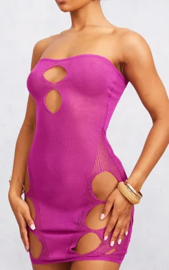 Purple Sheer Knit Cut Out Panels Bandeau Dress