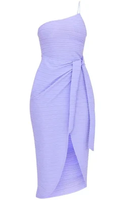 Purple Textured Strappy One Shoulder Wrap Midi Dress