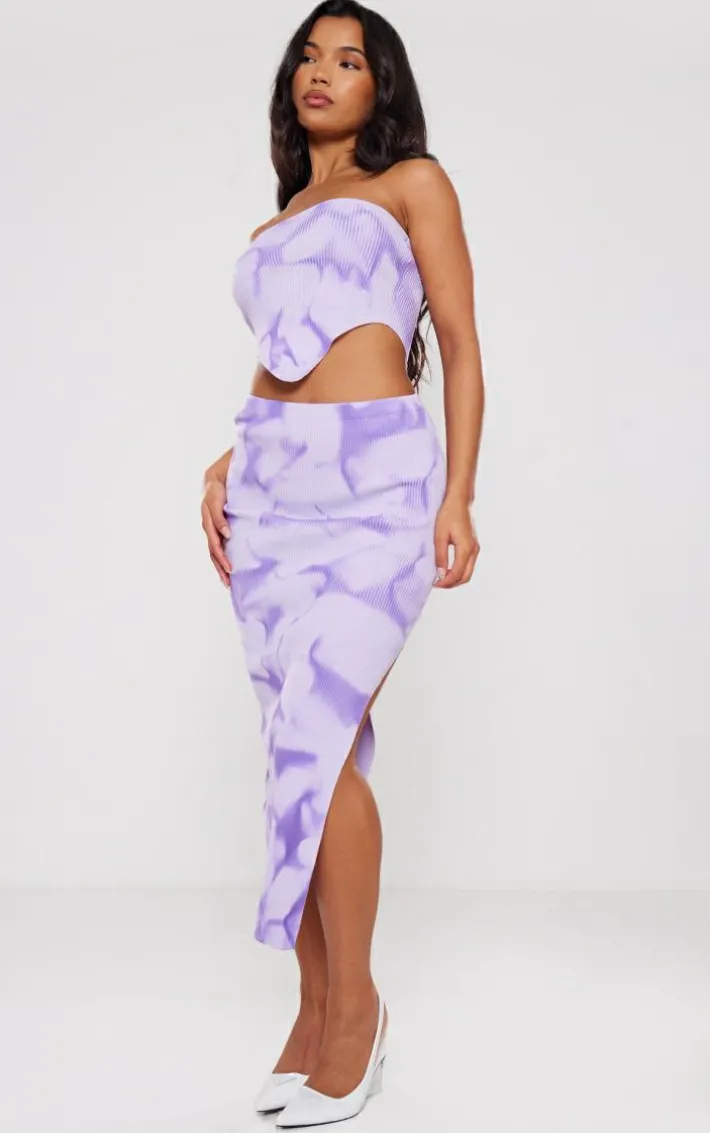 Purple Tie Dye Rib Knit Bandeau Crop Top