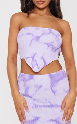 Purple Tie Dye Rib Knit Bandeau Crop Top