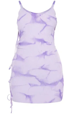 Purple Tie Dye Rib Knit Lace Up Mini Dress