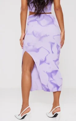Purple Tie Dye Rib Knit Side Split Maxi Skirt