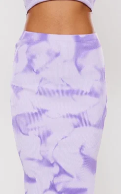 Purple Tie Dye Rib Knit Side Split Maxi Skirt