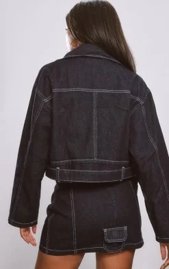 Raw Indigo Wash Biker Detail Oversized Denim Jacket