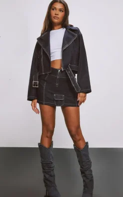 Raw Indigo Wash Cargo Pocket Seam Detail Denim Mini Skirt