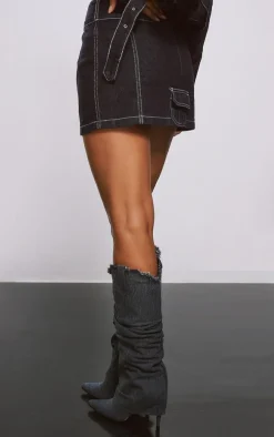 Raw Indigo Wash Cargo Pocket Seam Detail Denim Mini Skirt