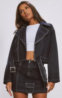 Raw Indigo Wash Cargo Pocket Seam Detail Denim Mini Skirt