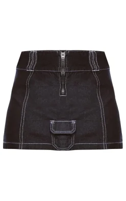 Raw Indigo Wash Cargo Pocket Seam Detail Denim Mini Skirt