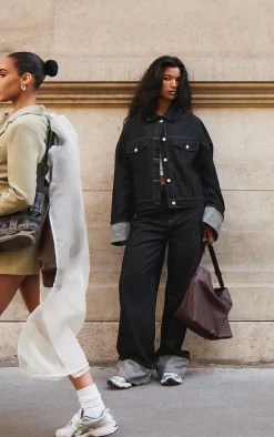 Raw Indigo Wash Contrast Stitch Turn Up Hem Wide Leg Jeans