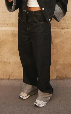 Raw Indigo Wash Contrast Stitch Turn Up Hem Wide Leg Jeans