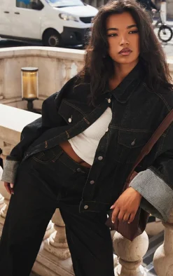 Raw Indigo Wash Contrast Stitch Turn Up Hem Wide Leg Jeans