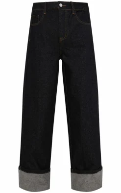 Raw Indigo Wash Contrast Stitch Turn Up Hem Wide Leg Jeans
