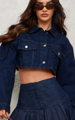 Raw Indigo Wash Contrast Stitch Cropped Denim Jacket