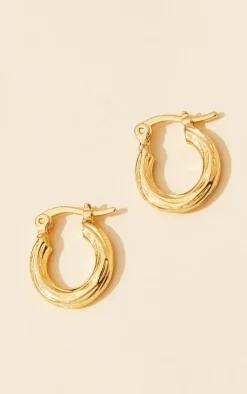 Real Gold Plated Mini Twist Detail Thin Hoop Earrings