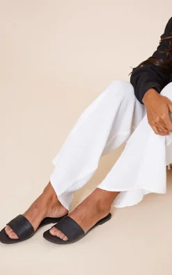 Real Leather Black Round Toe Basic Strap Mule Sandals