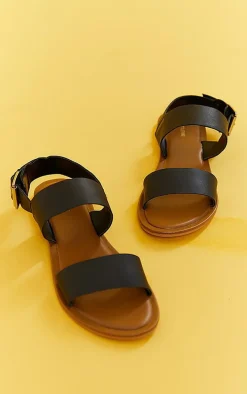 Real Leather Black Wide Fit Thick Double Strap Buckle Fastening Flat Sandals