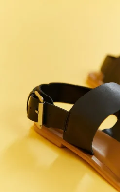 Real Leather Black Wide Fit Thick Double Strap Buckle Fastening Flat Sandals