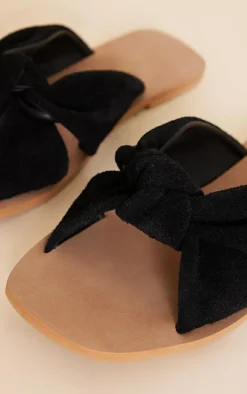 Real Leather Black Square Toe Twisted Knot Mule Sandals