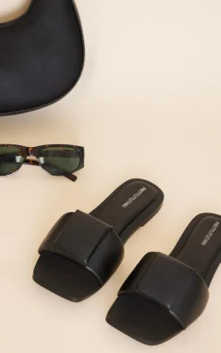 Real Leather Black Square Toe Quilted Strap Slides