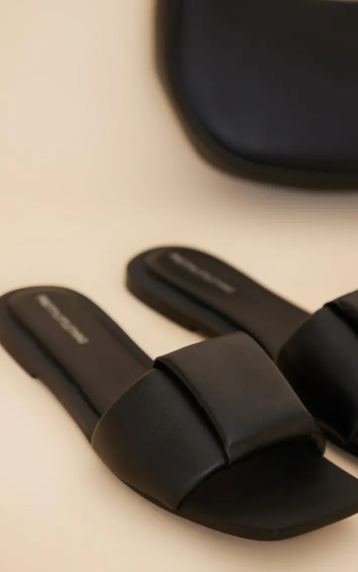 Real Leather Black Square Toe Quilted Strap Slides