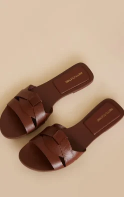 Real Leather Brown Round Toe Strap Mule Flat Sandals