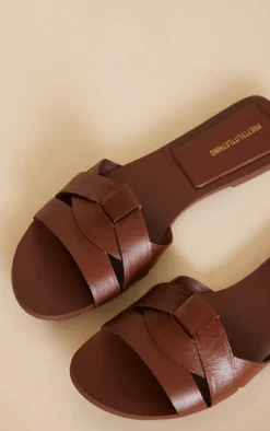 Real Leather Brown Round Toe Strap Mule Flat Sandals