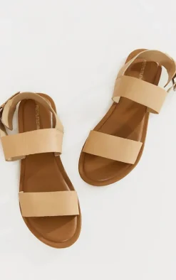 Real Leather Cream Wide Fit Thick Double Strap Buckle Fastening Flat Sandals