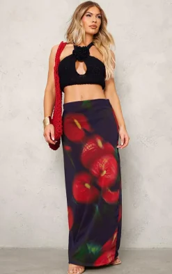 Red Abstract Flower Print Mesh Maxi Skirt