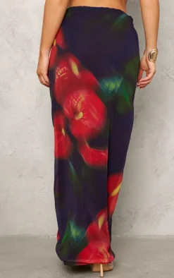 Red Abstract Flower Print Mesh Maxi Skirt