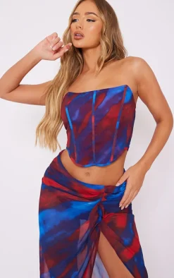 Red Abstract Print Chiffon Structured Bandeau Corset
