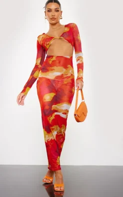 Red Abstract Print Cut Out Long Sleeve Mesh Maxi Dress