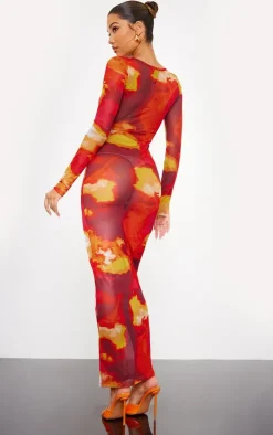 Red Abstract Print Cut Out Long Sleeve Mesh Maxi Dress