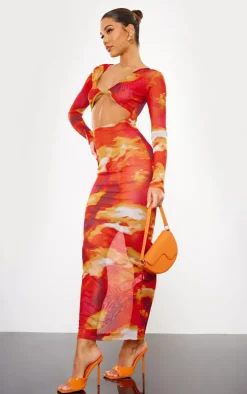 Red Abstract Print Cut Out Long Sleeve Mesh Maxi Dress