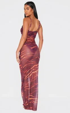 Red Abstract Print Deep Plunge Maxi Beach Dress