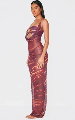 Red Abstract Print Deep Plunge Maxi Beach Dress