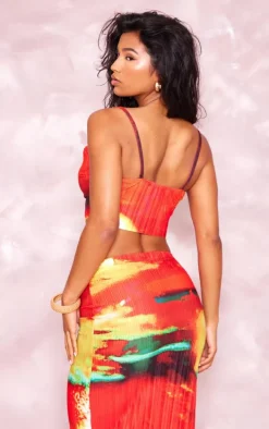 Red Abstract Print Plisse Strappy Cowl Neck Top