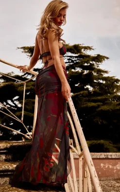 Red Abstract Print Ruffle Detail Maxi Skirt