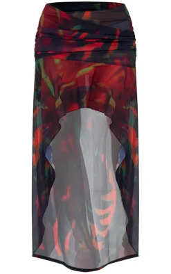 Red Abstract Print Ruffle Detail Maxi Skirt