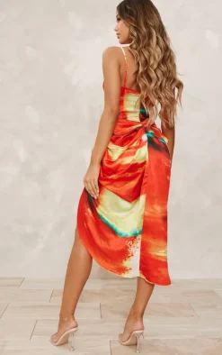 Red Abstract Print Satin Ruched Skirt Corset Detail Midi Dress