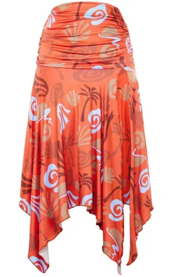 Red Abstract Swirl Soft Touch Ruched Asymmetric Midi Skirt