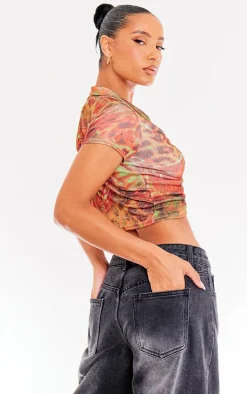 Red Acetate Slinky Ruched Front Short Sleeve Shirt