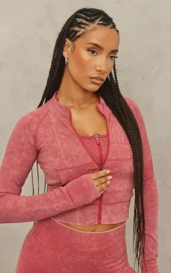 Red Acid Wash Seamless Zip Up Cropped Jacket