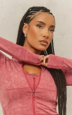 Red Acid Wash Seamless Zip Up Cropped Jacket