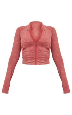 Red Acid Wash Seamless Zip Up Cropped Jacket