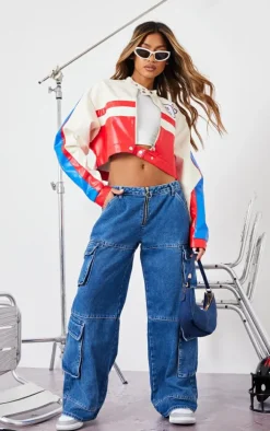 Red And White Contrast Panel Graphic Back Faux Leather Racer Jacket