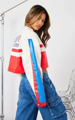 Red And White Contrast Panel Graphic Back Faux Leather Racer Jacket