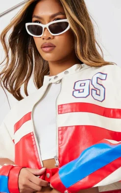 Red And White Contrast Panel Graphic Back Faux Leather Racer Jacket
