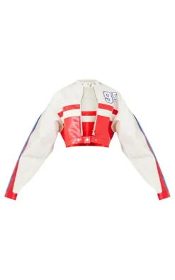 Red And White Contrast Panel Graphic Back Faux Leather Racer Jacket