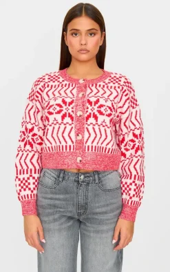 Red And White Fairisle Knit Button Up Christmas Cardigan