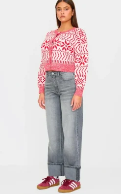 Red And White Fairisle Knit Button Up Christmas Cardigan